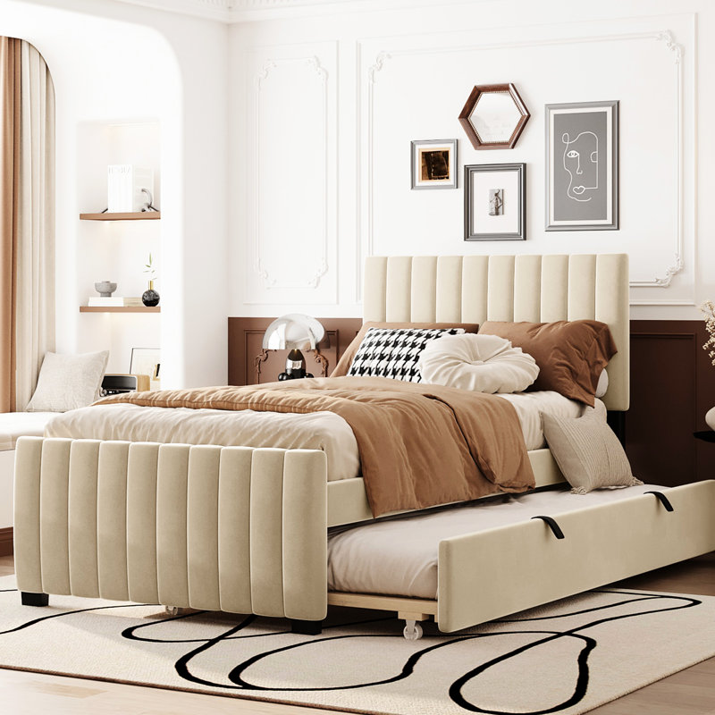 Lit plateforme simple tapissier en velours avec lit gigogne beige - Aucun sommier requis, Beige, Twin