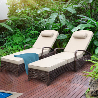Marcianne Chaise Lounge Set of 2 Outdoor Wicker Chaise Lounge Chairs With 6-Position Adjustable Backrest, Pool Reclining Lounge Chair With Thickened Cushion & Pillow