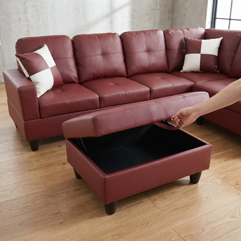 Ensemble de canapé modulaire moderne en similicuir bourgogne, canapé en L avec méridienne réversible, repose-pieds de rangement et coussins pour petit salon