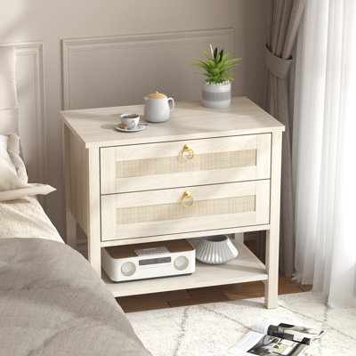 Rattan Nightstand With 2 Drawers | 26.7” Bedroom End Table | Large Capacity Storage | Water-resistant Wood & Rattan | Light Beige Bedside Organizer