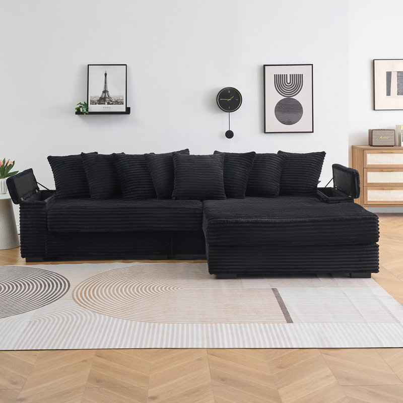 Canapé contemporain en velours côtelé de 111,4 pouces avec porte-gobelets et méridienne réversible, Noir
