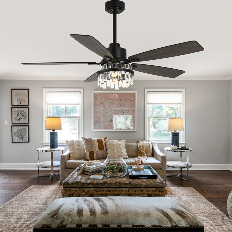 Ventilateur de plafond 52 po avec ensemble d'éclairage et télécommande et abat-jour en cristal réversible à 6 vitesses pour le salon