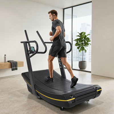 Curved Treadmill, Non-motorized Manual Running Machine for Home & Commercial Use with Custom Workout LCD & 1-6 Level Iron Resistance, 440LBS Weight Capacity