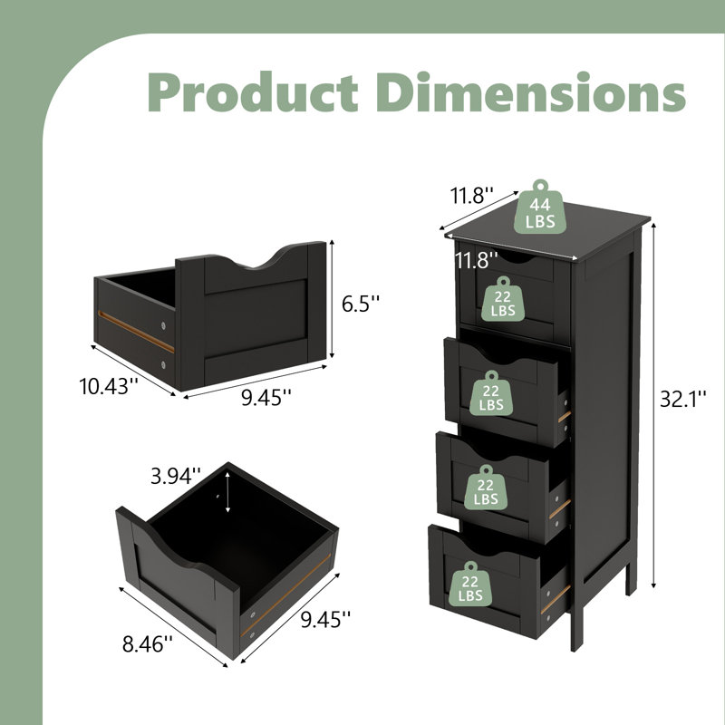 Black Bathroom Standing Cabinet 4-Drawers