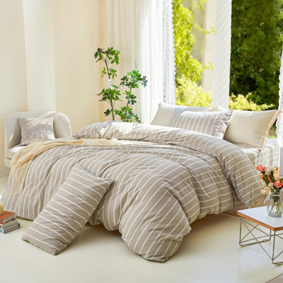 LIFETOWN Striped Duvet Cover Set 100% Washed Cotton Linen Like Super Soft Breathable Comfy 3 Pieces Bedding Set with Zipper Closure