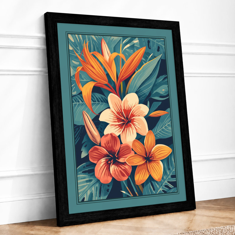 Blooms in Teal Botanical - Framed Print, Black, A4 - 29.7 x 21.0 cm