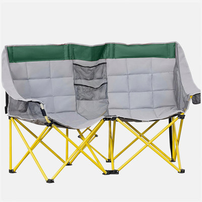 Outsunny Loveseat Style Camping Chair, Oversized Folding Lawn Chair with Carry Bag & Cup Holders, for Outdoor, Beach, Picnic, Hiking, Travel, Green & Gray