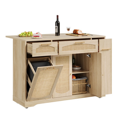 Rattan Rolling Kitchen Island Cart with Drop-Leaf Countertop, Tilt-Out Trash Can Cabinet, 2-Door Storage, Drawers, and Spice Rack by Dovecove