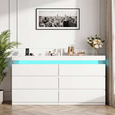 6-Drawer Dresser With Sliding Desktop & Power Outlet Storage Cabinet With Led Lights, Wide Chest Of Drawers With Charging Station, Organizer For Bedroom, Closet, Living Room