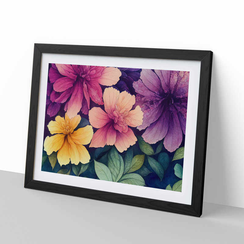 Watercolour Flowers - Single Picture Frame Print, Black Framed, 46cm H x 64cm W x 2cm D