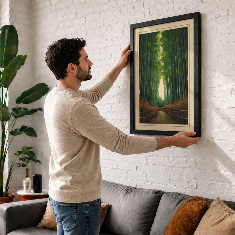 Path Through Bamboo Japandi - Framed Print, A2 - 59.4 x 42.0 cm, Oak