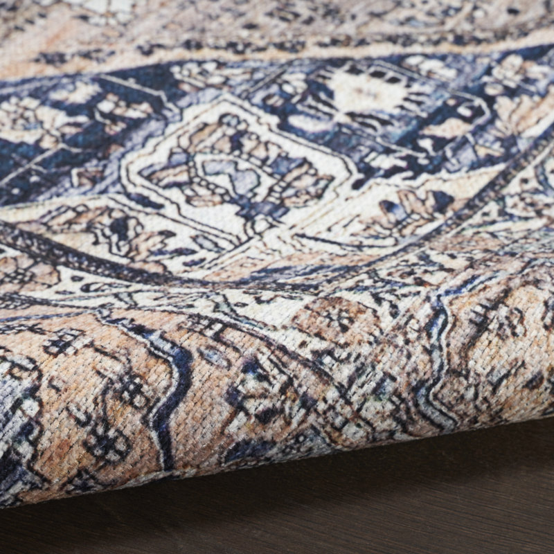 Tapis oriental lavé et antidérapant tissé à la machine 5 pi x 7 pi ivoire et bleu