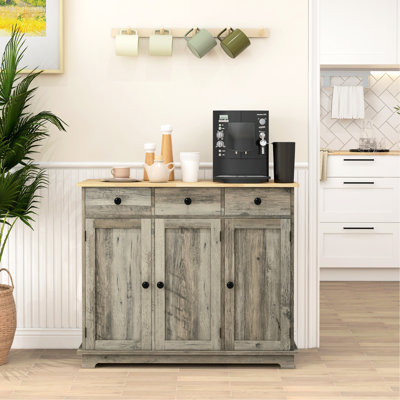 Buffet Storage Cabinet - Solid Wood Countertop, Gray, 3 Drawers, Doors, Adjustable Shelf Holds Kitchen Items Like Plates, Pots, Pans, Utensils, Napkins Modern Gray Sideboard Adds Extra Space For In