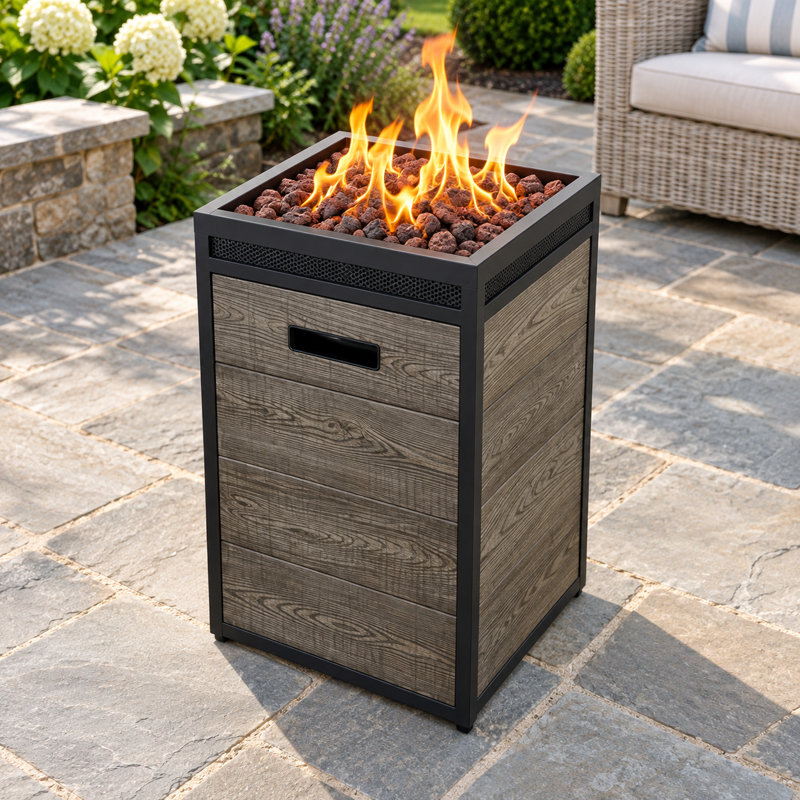 Colonne de feu au propane 16 po 40 000 BTU avec panneaux aspect bois TerraFab et couvercle en acier
