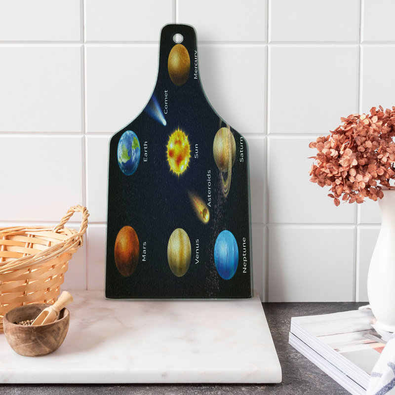 Multicolor Tempered Glass Cutting Board with Space Planets Design