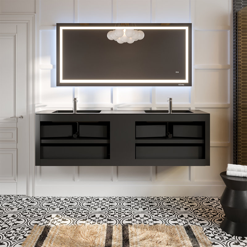 Kiskimere 74.8" Wall-Mounted Double Bathroom Vanity Set, Black Oak