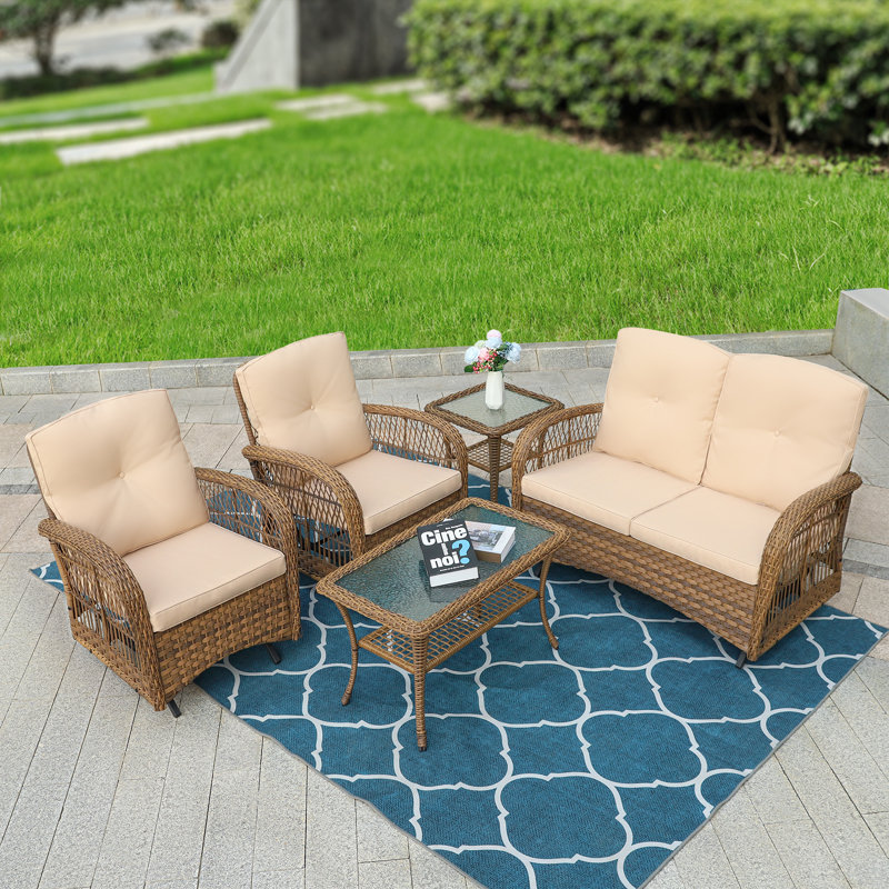 Bay Isle Home™ 5 Pieces Outdoor Wicker Patio Conversation Sets With Glider Loveseat, 2 Chairs With 2 Glass-Top Coffee Table Wicker Rocking Glider Set, Wicker Conversation Set With Thickened Cushions, Beige