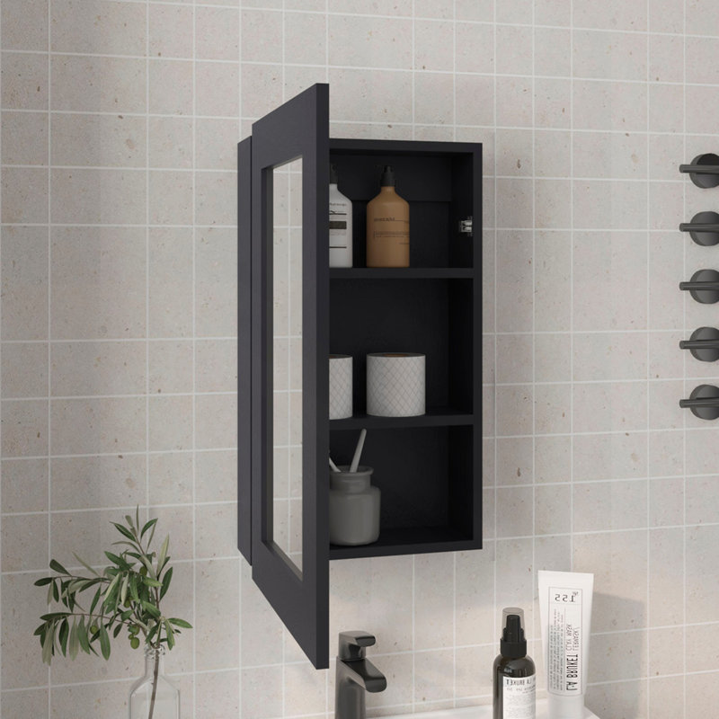 Armoire à pharmacie à miroir étroit H 25,7 "x l 15,7" Juno, une porte avec trois tablettes intérieures pour la salle de bain, noir cuisine
