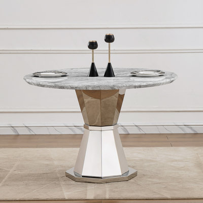47" Round Marble Dining Table, Modern Kitchen Table With High Gloss Faux Marble Tabletop And Stainless Steel Base For Dining Room, Kitchen (Sliver,Gray)