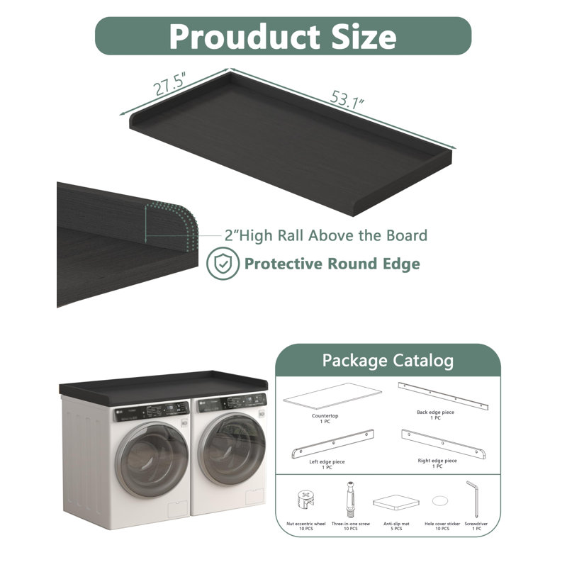 Washer Dryer Countertop,Laundry Countertop With Edge Rails,27.5" Depth X 54" Wood Countertop For Washer And Dryer,Laundry Machine Topper (Black)