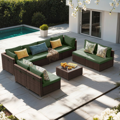 9-piece wicker patio conversation sets with cushions, Green