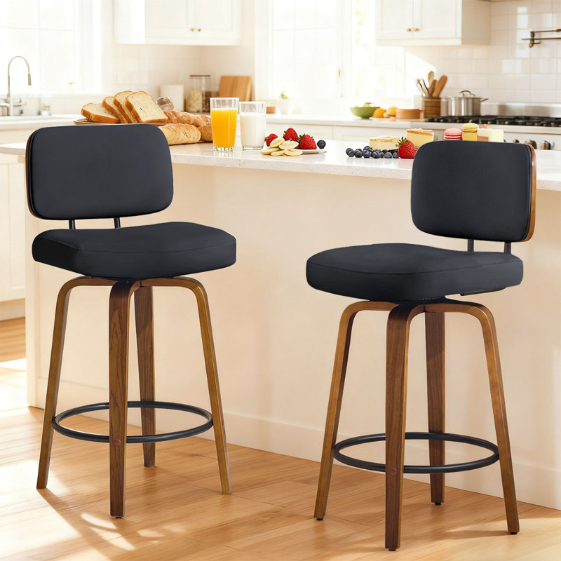 27" Swivel Faux Leather Counter Height Bar Stools with Backrest,Black, Black