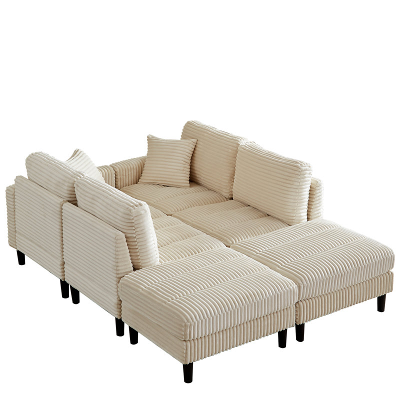 Canapé modulaire en velours côtelé beige en forme de U de 122,5 pouces avec 2 coussins et deux repose-pieds, pieds de chaise en plastique pour la maison