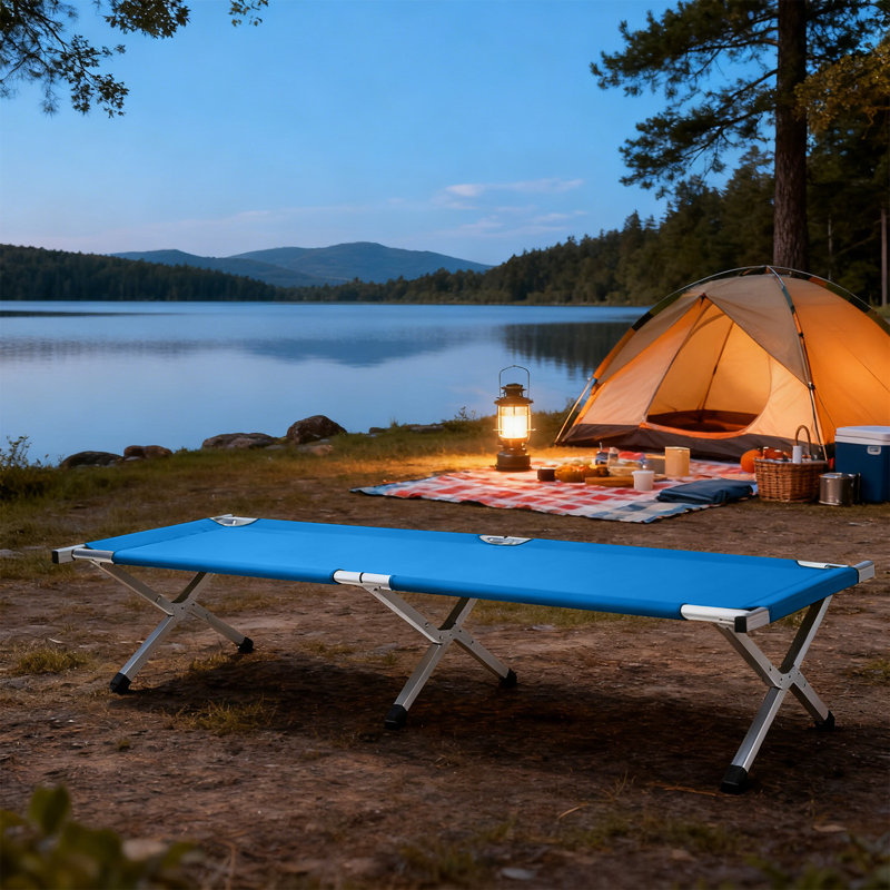Lit de camp pliant portable bleu armée avec sac de transport, lit de camp robuste pour le camping, les voyages et les situations d'urgence.