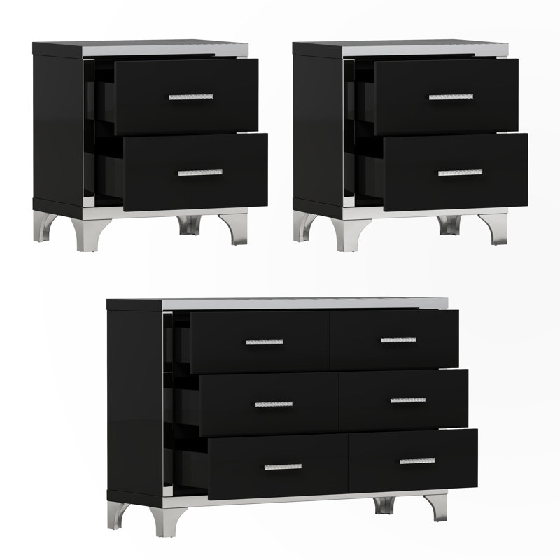 Ensemble de commode 3 pièces, Noir, noir, noir, noir