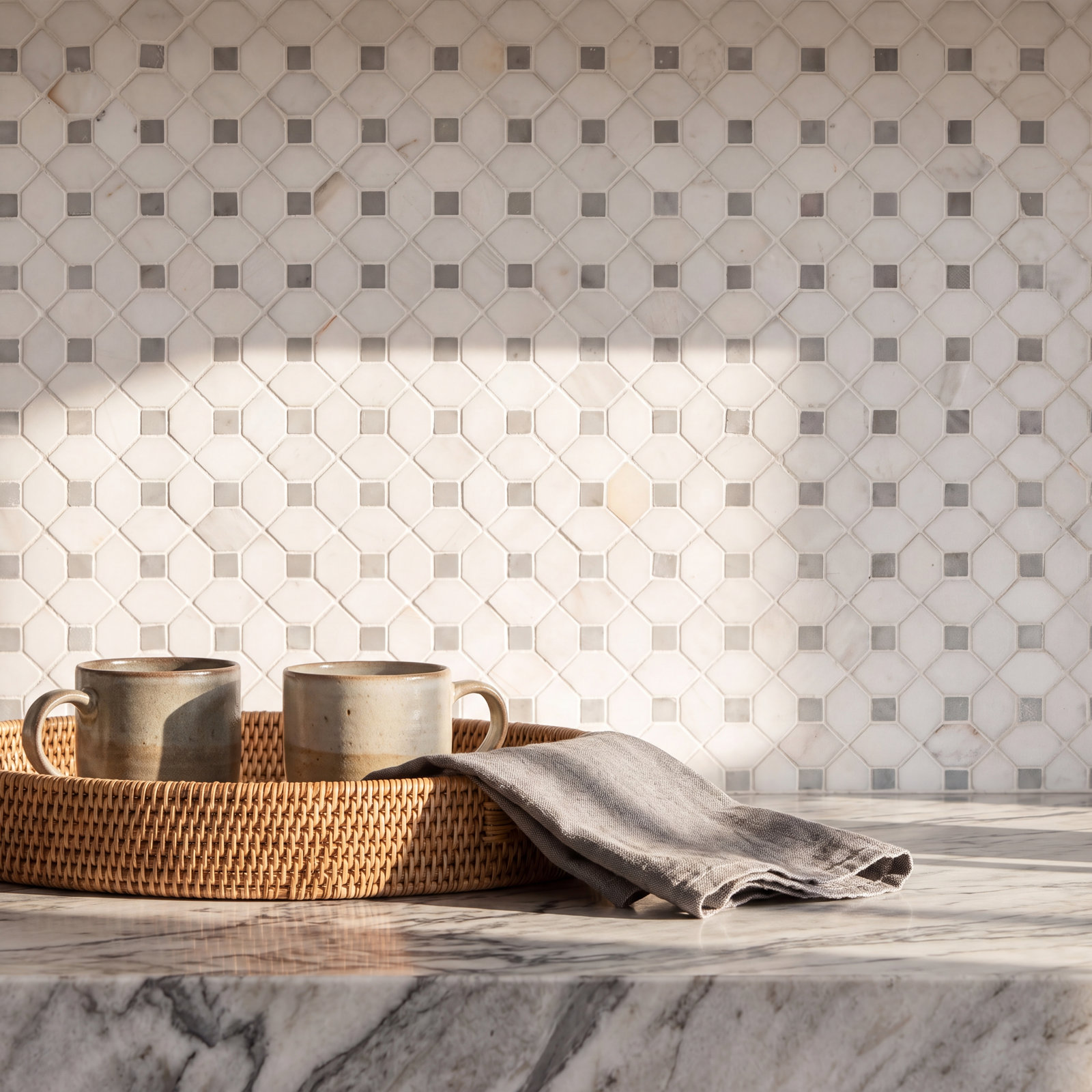 Geometric 13" x 13" Marble Mosaic Tile, Calabria Frost Gray