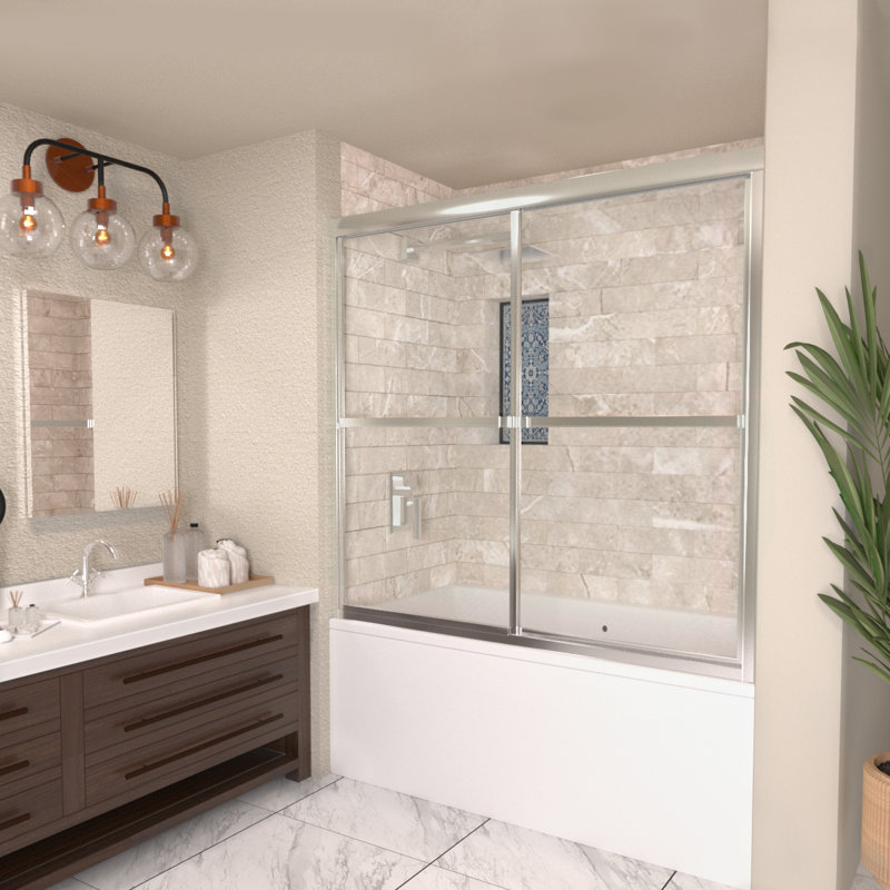 59" W x 56" H Double Sliding Semi-Frameless Tub Door, Silver