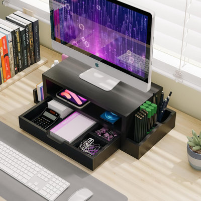 Simple Trending Monitor Stand Riser And Computer Wood Desk Organizer With Drawer And Pen Holder For Laptop, Computer, Imac, Black