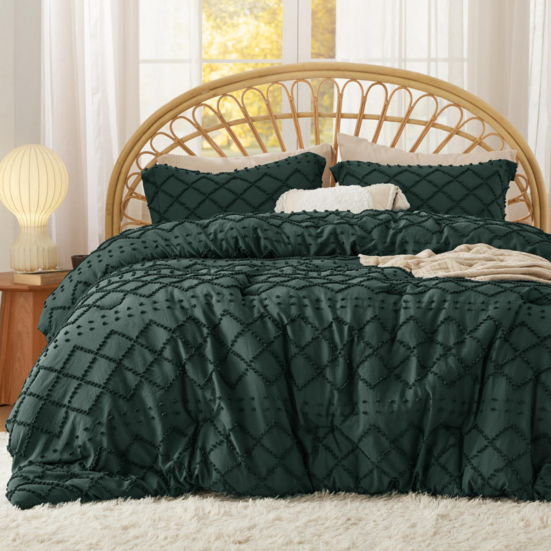 Ensemble d'édredon touffeté toutes saisons (ensemble de 3), Édredon pour grand lit + 2 taies décoratives, Vert forêt