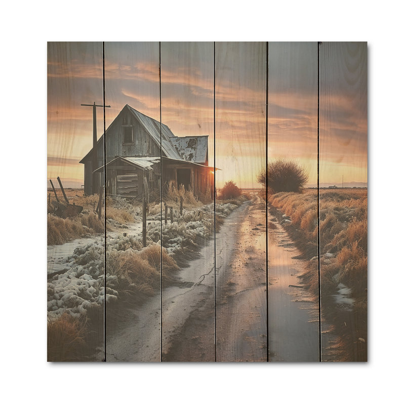 Paysage d'hiver de granges - art mural en bois de granges sur bois de pin naturel, H 36 po x l 36 po