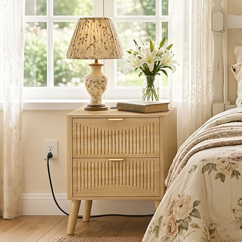 Table de chevet en bois avec station de charge, table de chevet cannelée, commode de table de chevet