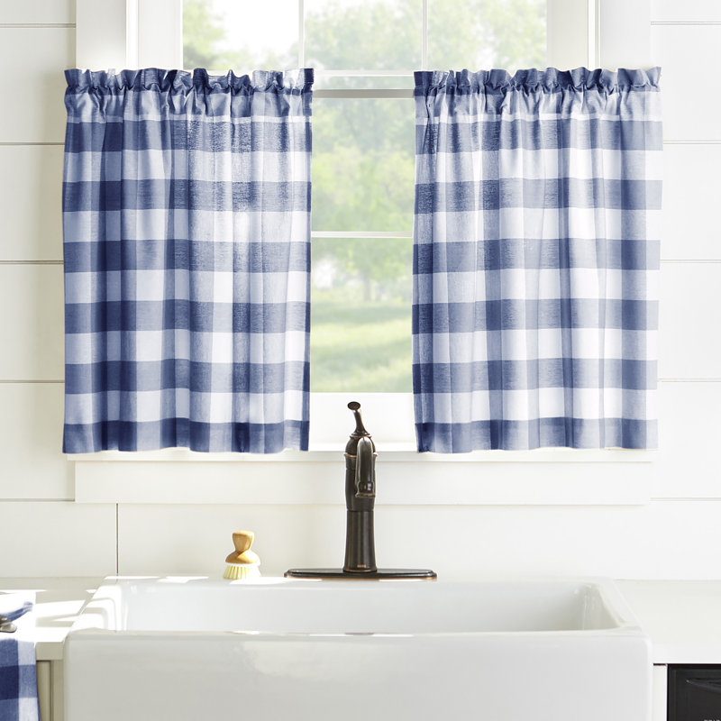 Skookum Cotton Striped Tailored Cafe Curtain, 30" W x 24" L, Blue/White