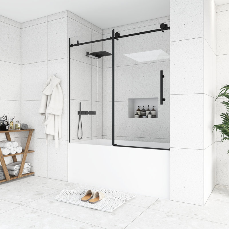 Porte de douche coulissante sans cadre de 56 po à l 60 po x H 60 po au fini noir mat