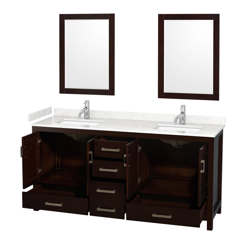 Sheffield 72" Freestanding Double Bathroom Vanity with Cultured Marble Top with 24" Mirrors, Carrara Cultured Marble