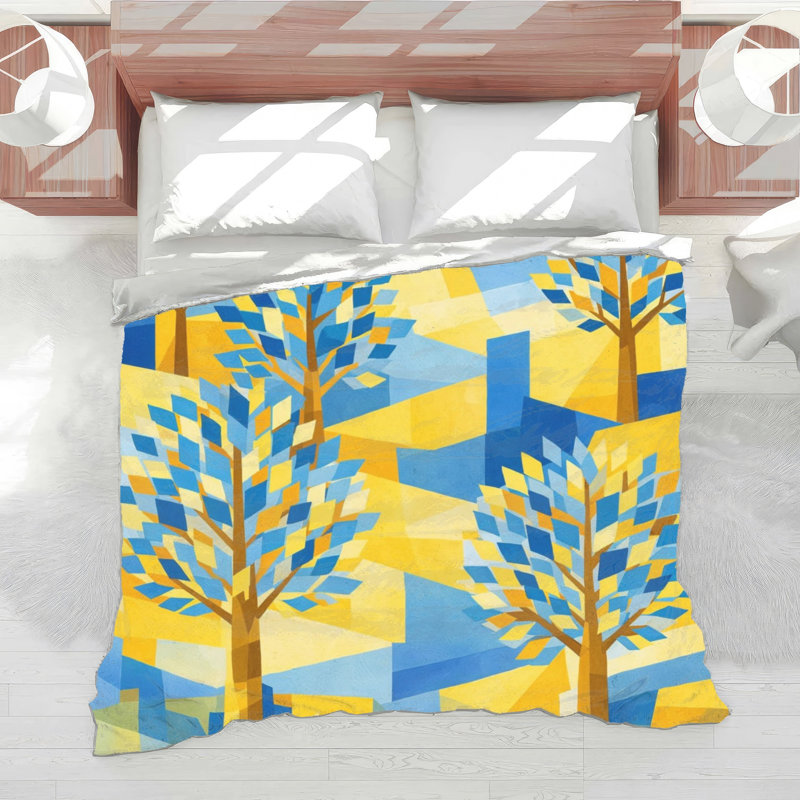 Édredon à motif géométrique, Twin Extra Long, Bleu foncé / jaune moyen