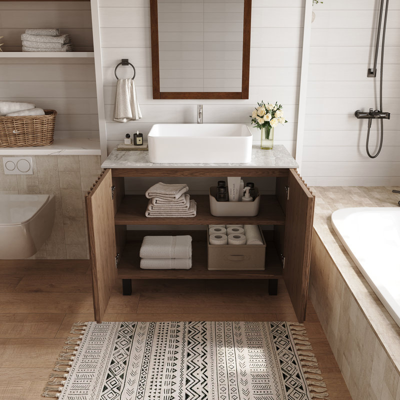 Base de meuble-lavabo de 36 po en noyer brun rétro avec comptoir en pierre, lavabo en céramique, drain inclus et tablette réglable