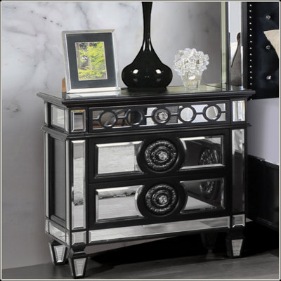 Glam Luxury Bedroom Black And Mirrored Finish Nightstand With 2 Drawers Wooden Furniture 1Pc