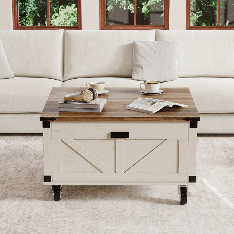 Table basse à plateau relevable avec station de charge, table basse carrée avec lumières à capteur, table centrale avec armoire de rangement et roulettes verrouillables