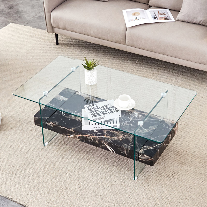 Table basse rectangulaire flottante double couche, pieds en verre noir, pieds en verre noir, Noir
