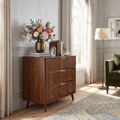 Commode à 3 tiroirs en bois massif avec conception cannelée, table de chevet à 3 tiroirs, armoire de rangement en bois de noyer l 31,5 po x P 15 po x H 30 po