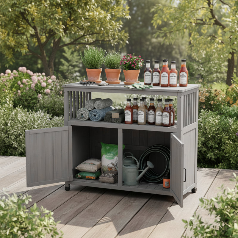 Wooden Patio Bar Table With Storage, Kitchen Island And Buffet Sideboard For Indoor & Outdoor, Gray