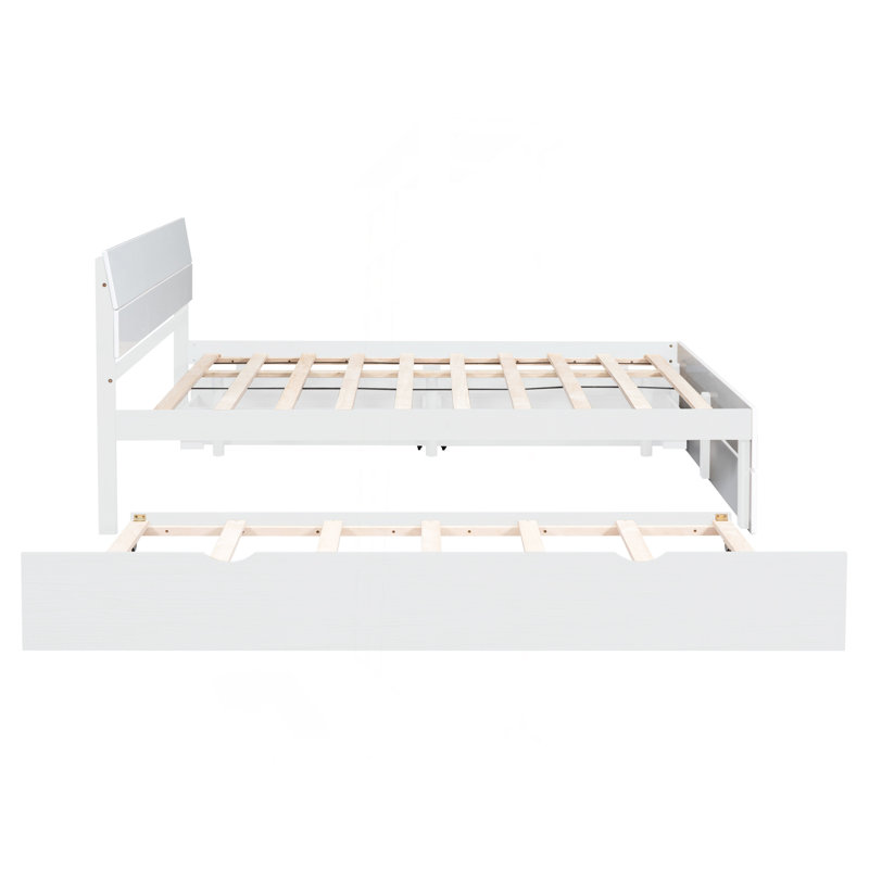 Cadre de lit double moderne avec lit gigogne simple et 2 tiroirs pour blanc brillant et blanc délavé, Blanc
