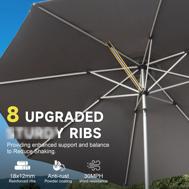 Parasol de table 9 pi - Gris, protégé, facile à ajuster, 8 nervures pour patio, jardin, plage, piscine