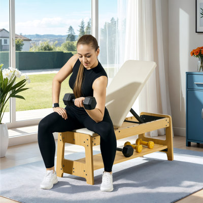 Adjustable Weight Bench With Dumbbell Rack, Wooden Workout Bench, Flat Or Incline Bench For Home Gym Weight Lifting Training