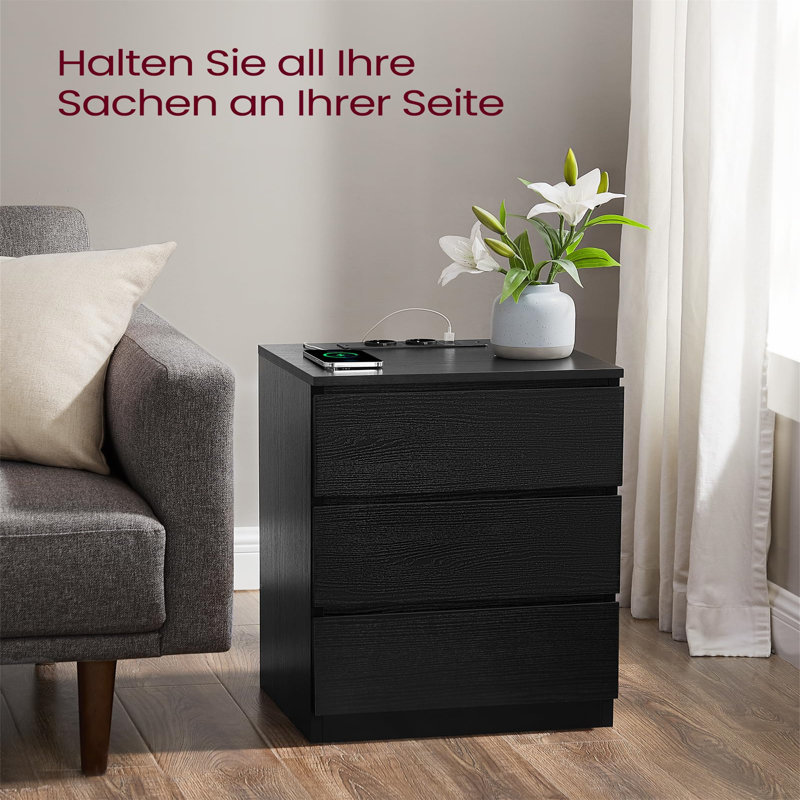 40cm W Manufactured Wood Bedside Table, Black