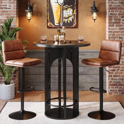 Table de bar ronde noire de 100 cm (39,4 po) avec colonne arquée et repose-pieds en métal, table de bistrot pour salon et petits espaces, table seule
